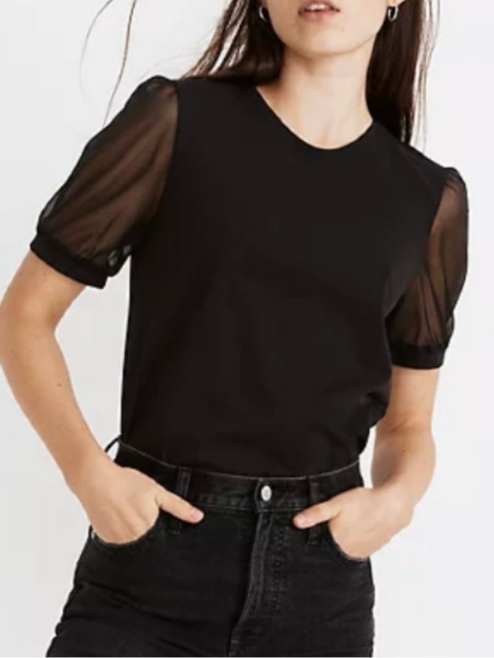 Madewell Puff Sheer-Sleeve Knit Top | Black | Size S | Like New